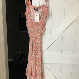 Blue B Boutique Peach Floral Midi Dress Open Back Large